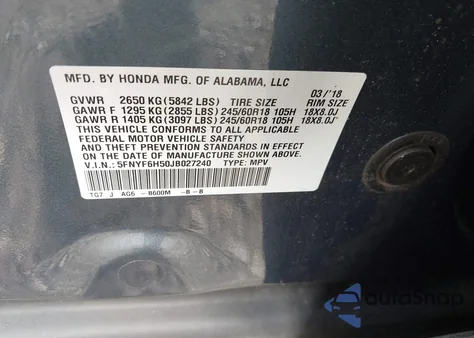 2018 Honda Pilot Ex-L из США, поврежденный, VIN 5FNYF6H50JB027240